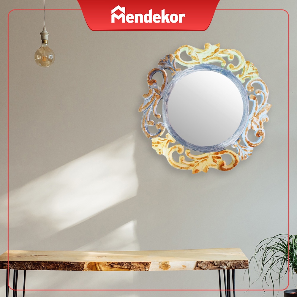 Cermin Kaca Dinding Gantung Kayu Bulat Hias Rumah Unik Frame Ukir | Mendelor Auli