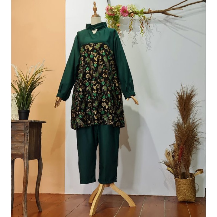 SETELAN BATIK JUMBO, SETELAN CELANA TUNIK BATIK JUMBO SET CELANA HIJAU