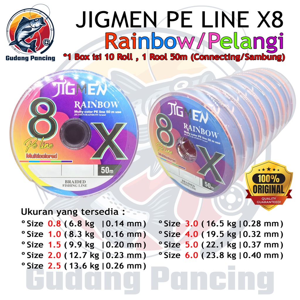 JIGMEN Senar Pancing PE Line X8 Original Warna Pelangi Rainbow Multicolored Tersedia Berbagai Ukuran Benang Pancing