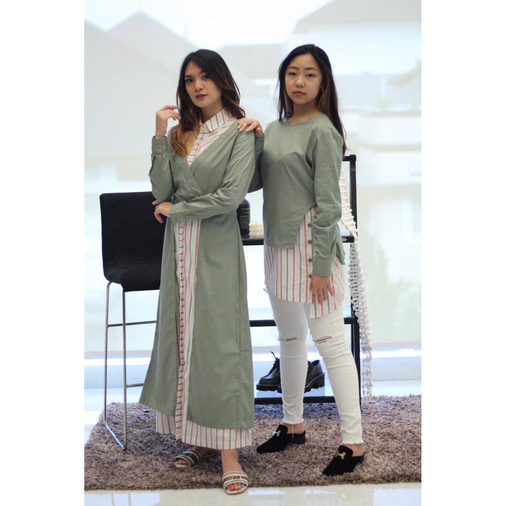 Gamis Dress Missty Wanita One Set Warna Hijau Putih dan Tunik Lengan Panjang Missty Warna Hijau Best