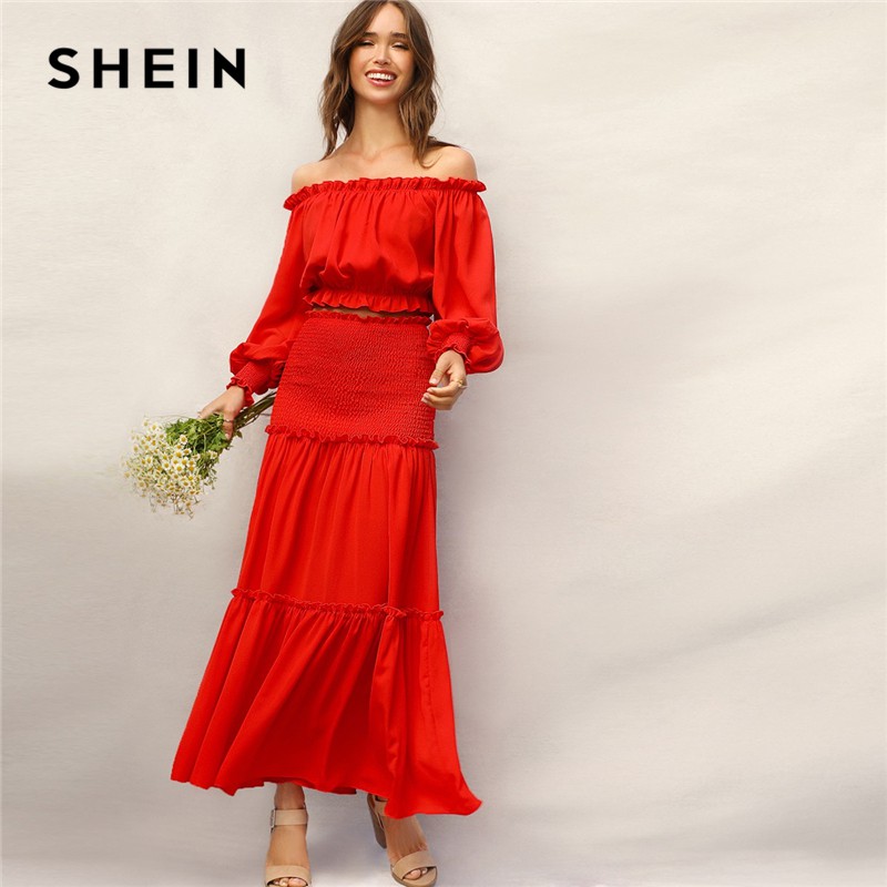 SHEIN Boho Red Frill Off Shoulder Smocked Cuff Crop Top and Shirred Panel Frill Trim Maxi
