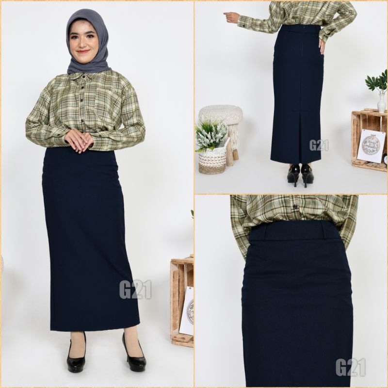 Rok Kerja Panjang Hitam Span Biron Kipas Bahan Formal Kantor 01-Biru Navy