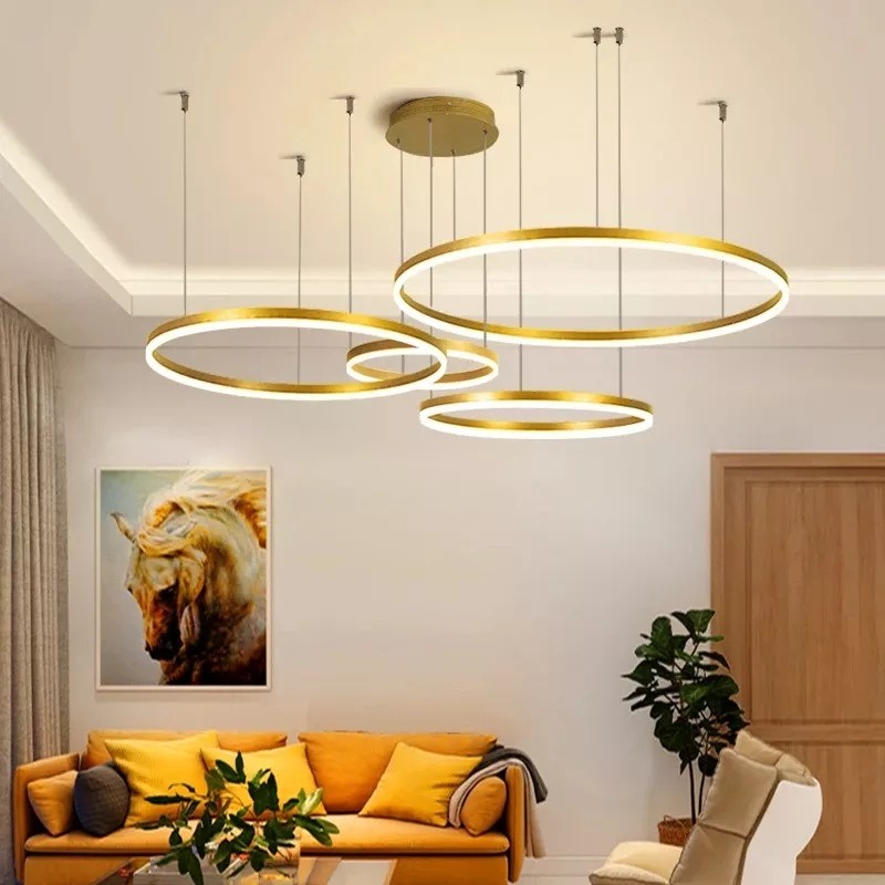 Lampu Gantung Hias Gold Premium Chandelier 4 Ring Dekorasi Minimalis