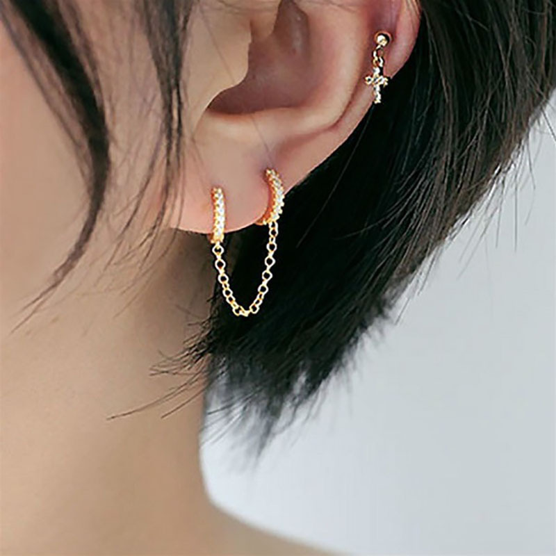 Anting Tusuk Gantung Wanita Desain Cincin Ganda Hias Berlian Imitasi Gaya Elegan / Korea / Simple / Minimalis Untuk Pesta