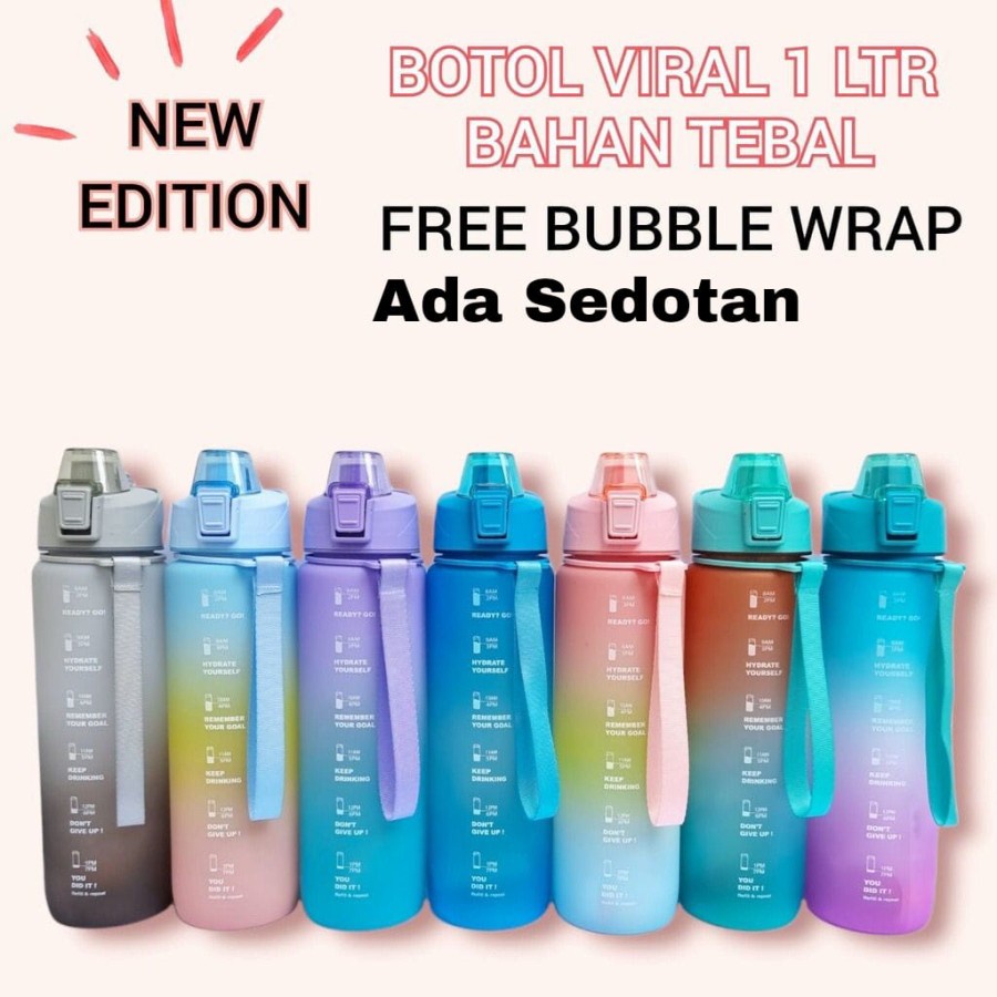 Botol Minum VIRAL Tritan Motivasi Warna 1 Liter Free Sedotan + Stiker 2d 3d - White_Cell