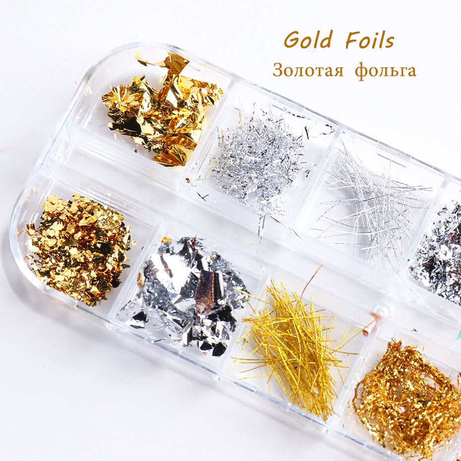 12PCS Glitter Foil Emas Metalik Untuk Membuat Kerajinan Kuku Nailart Decoration