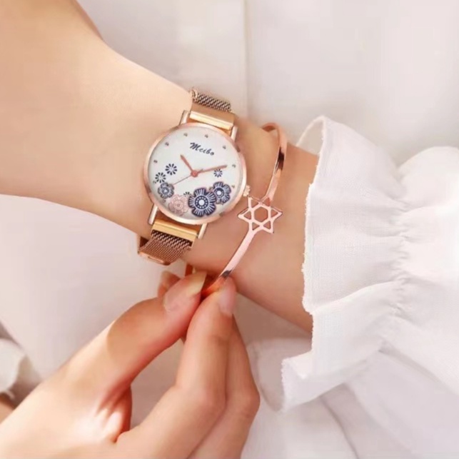 Rowling (Jam-31) jam Tangan Wanita Bulat Stainless Jam Tangan Motif Bunga Meibo dengan Strap Magnet Import