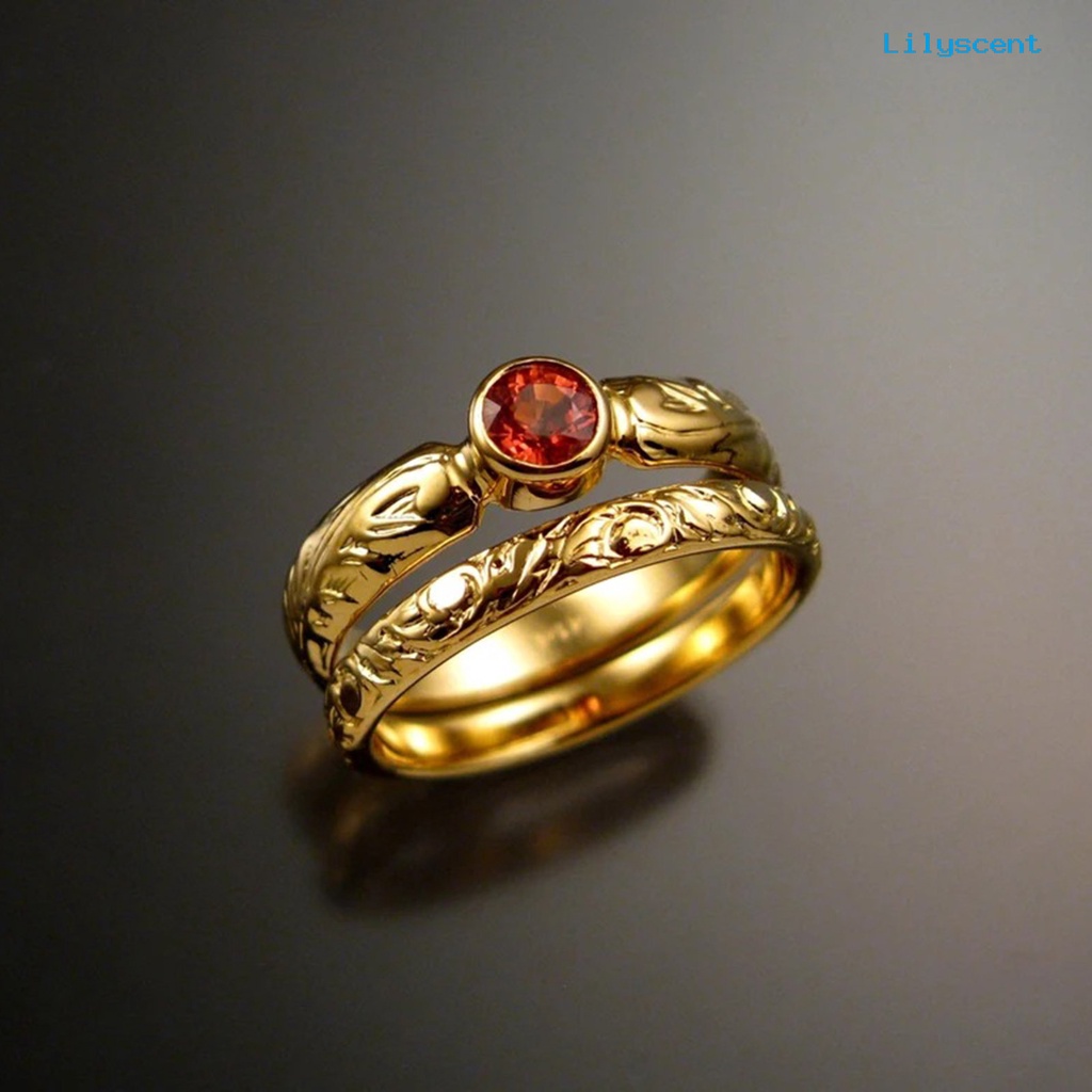 2 Pcs Cincin Berlian Imitasi Bentuk Geometris Warna Merah Untuk Wanita