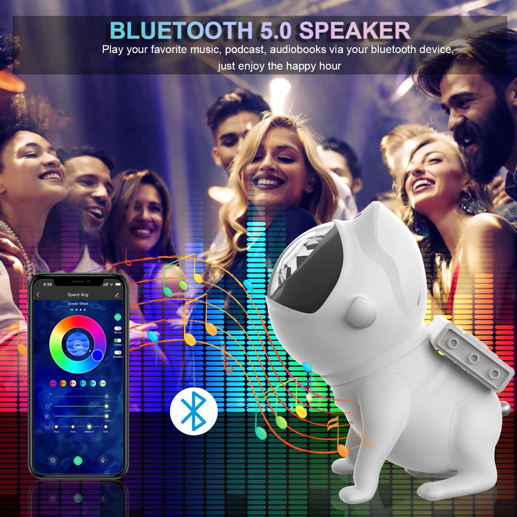 Topspot Lampu Proyektor Dengan Speaker Space Dog Galaxy Projector with 360°Adjustable Design 21 Color Modes Bluetooth Music Speaker 8 White Noises and Timer Astronaut Light Projector for Kids and Adults