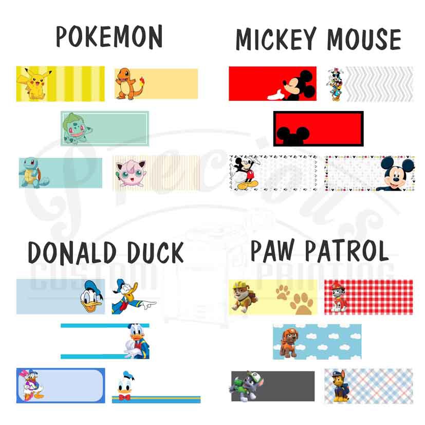 

STIKER NAMA SK POKEMON, MICKEY , DONALD, PAW PATROL