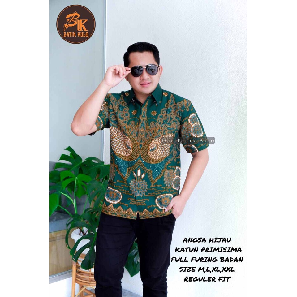 Kemeja batik lengan pendek warna hijau botol full furing bahan bahan katun premium / hem batik pria hijau botol / kemeja batik pendek warna hijau tua ANGSAIJO PENDEK