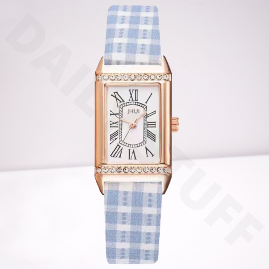 DS J033 Jam Tangan Wanita Analog Quartz Bahan Kulit Bentuk Persegi Panjang Fashion Korea Import Murah