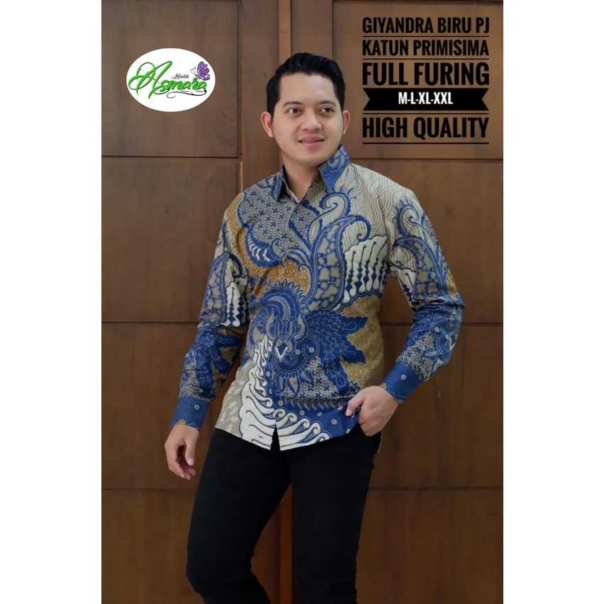 GIYANDRA BIRU Kemeja Batik Pria Lengan Panjang Katun Halus BATIK SOLO ASMARA ASLI FULL FURING