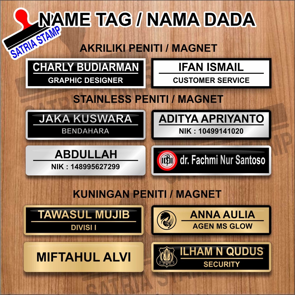 Name Tag Nama Dada Kuningan Stainless Akrilik Peniti Magnet Paku Satuan Dokter Guru ASN PNS Pegawai