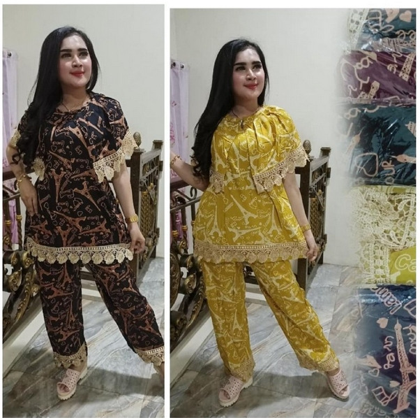 Inces Paris Set - One Set Wanita Renda Rayon Premium Setelan Wanita  Batik Lengan Pendek Set Celana Panjang LD 110 cm