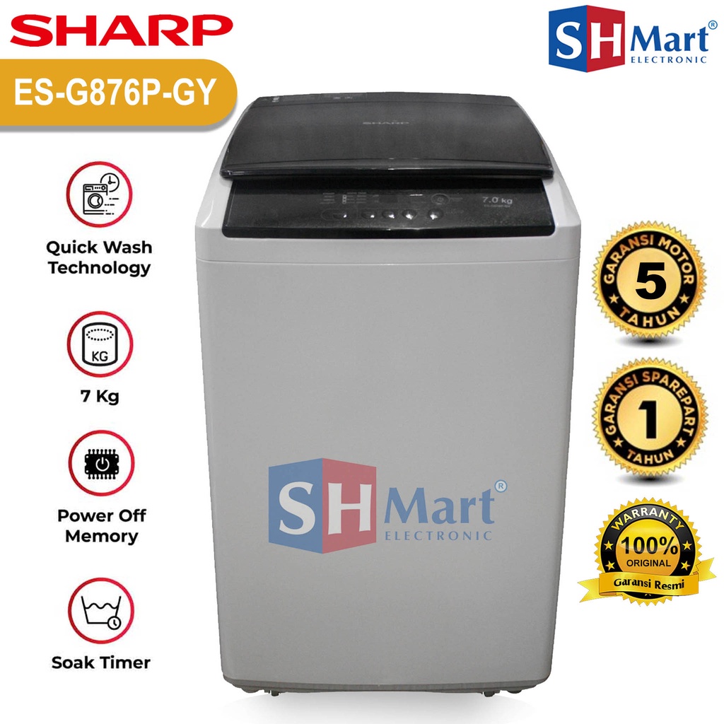 MESIN CUCI 1 TABUNG SHARP KAPASITAS 7 KG ES-G876P-GY QUICK WASH GARANSI RESMI (MEDAN)