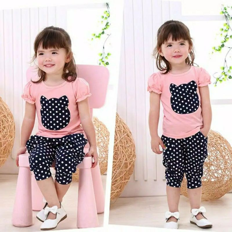 Setelan Anak Perempuan Gambar Beruang Set Kids Bahan Katun combed - Baju Anak Perempuan