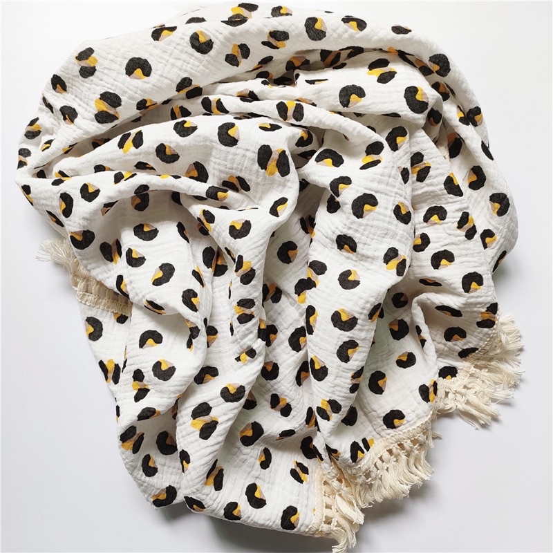 Printed fringe muslin blanket / selimut bayi rumbai / selimut muslin