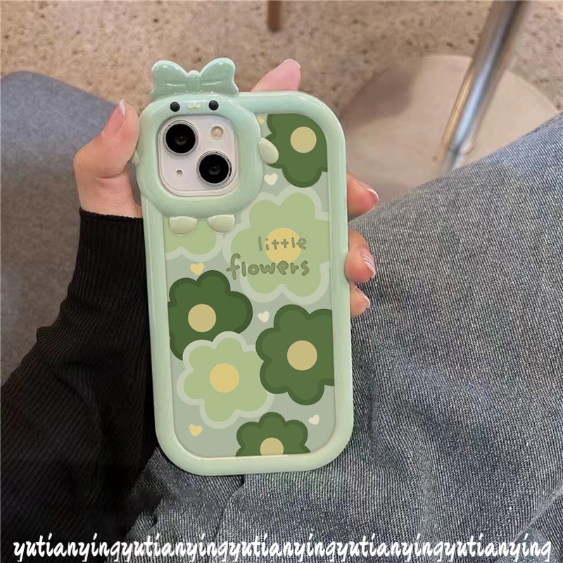 Ins Case Bunga Hijau Oppo A17 A7 A5s A54 A57 2022 A76 A96 A3s A5 A9 A55 A16s A15 A12 A17K Reno 4F 5F 5 7 A53 A74 A95 A16K A52 A15s A16 A31 3D Bow-knot Monster Kecil Lensa Sarung Cover Sarung