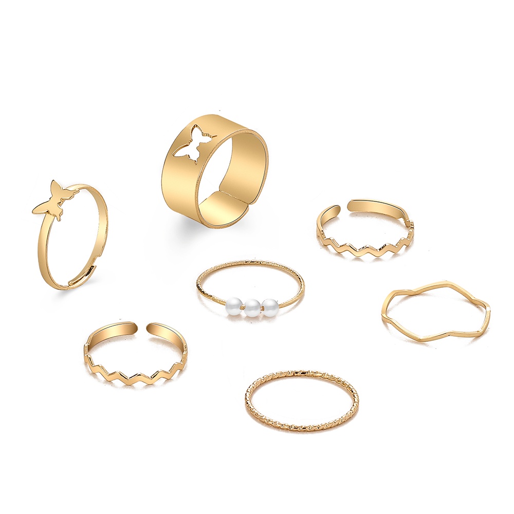 7pcs / Set Cincin Desain Kupu-Kupu Aksen Mutiara Warna Emas Untuk Wanita