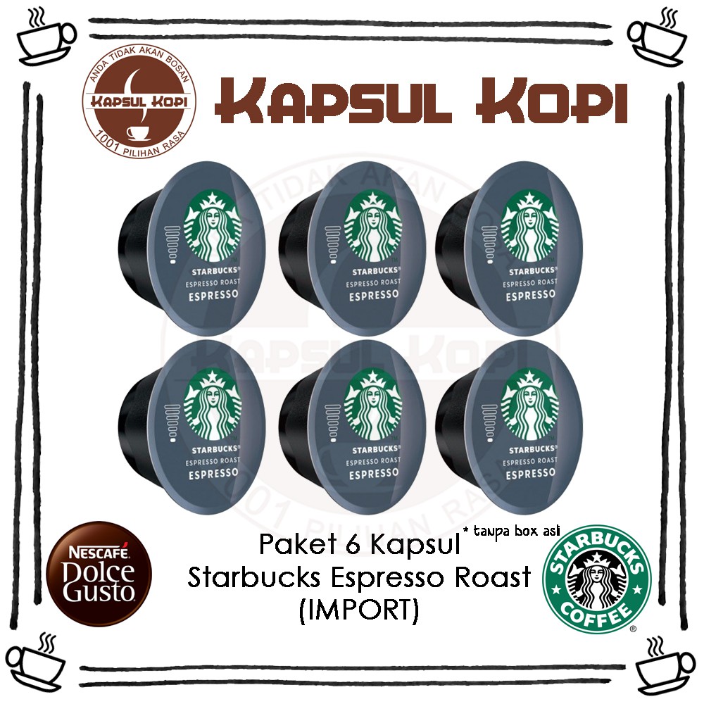 

Paket 6 Kapsul Kopi Starbucks Espresso Roast Nescafe Dolce Gusto Import