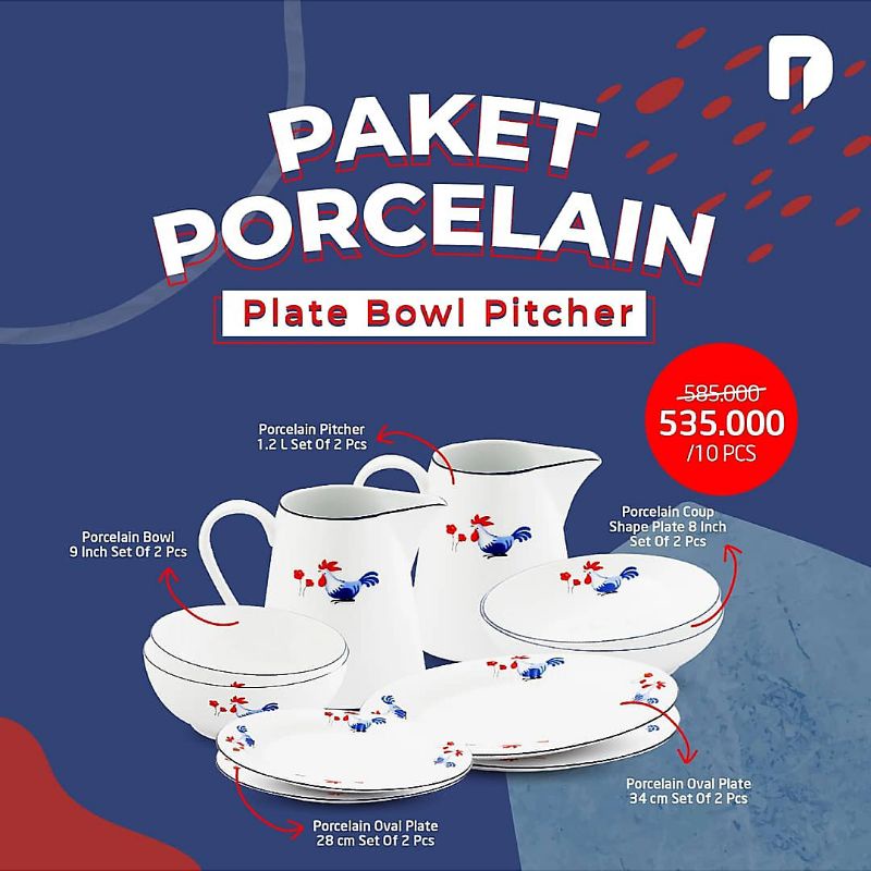 Piring Mangkok Set Keramik White Ayam Jago Mangkuk Putih Kado Nikah Wadah Makanan Saji Homeco Putih