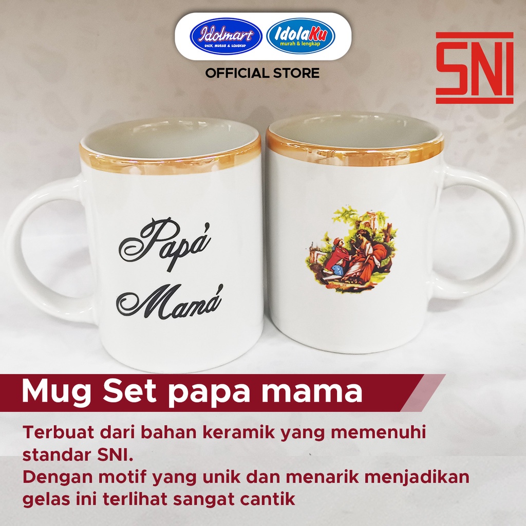 IDOLMART cangkir 1 set 2 pcs gelas kado pernikahan ulang tahun motif papa mama gratis buble wrap Surabaya