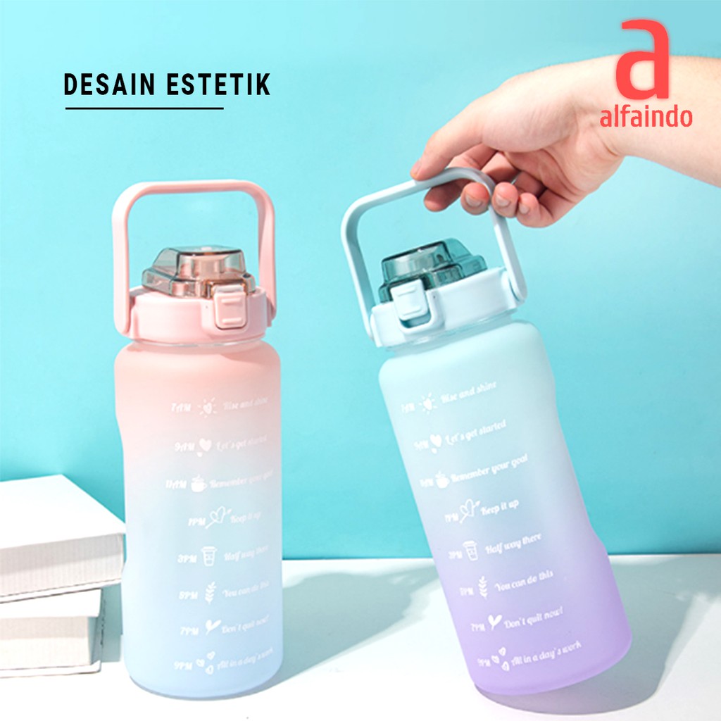 Alfaindo Botol Minum Motivasi dengan Penanda Waktu Kapasitas Besar Tutup Flip Sedotan - BP001