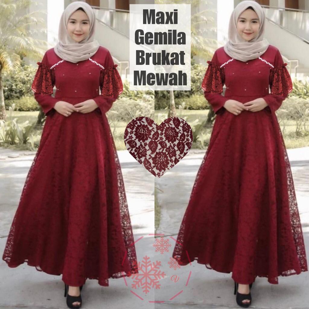 Gemila Baju Gamis Brukat Premium Remaja Dewasa Wanita Muslim Terbaru - Size M L XL XXL Jumbo-1
