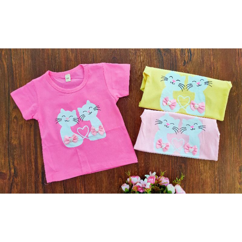 Cats Twins Ribbon / Kaos Import Anak Perempuan Usia 1/2 - 2 TH / Pakaian Anak Import / Grosir Baju A