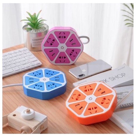 Stop Kontak USB HEXAGON SOCKET JERUK (2USB &amp; 4 colokan)