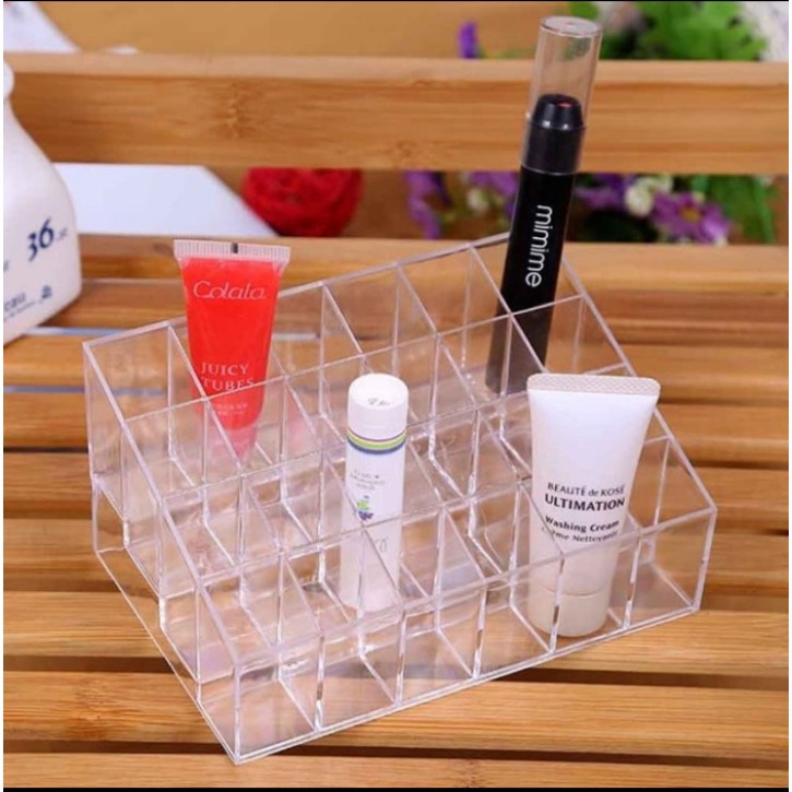 (COD) Rak Lipstik Kutek Multifungsi Akrilik Grid18 Murah Tempat Rak KosmetiK Bening Serbaguna