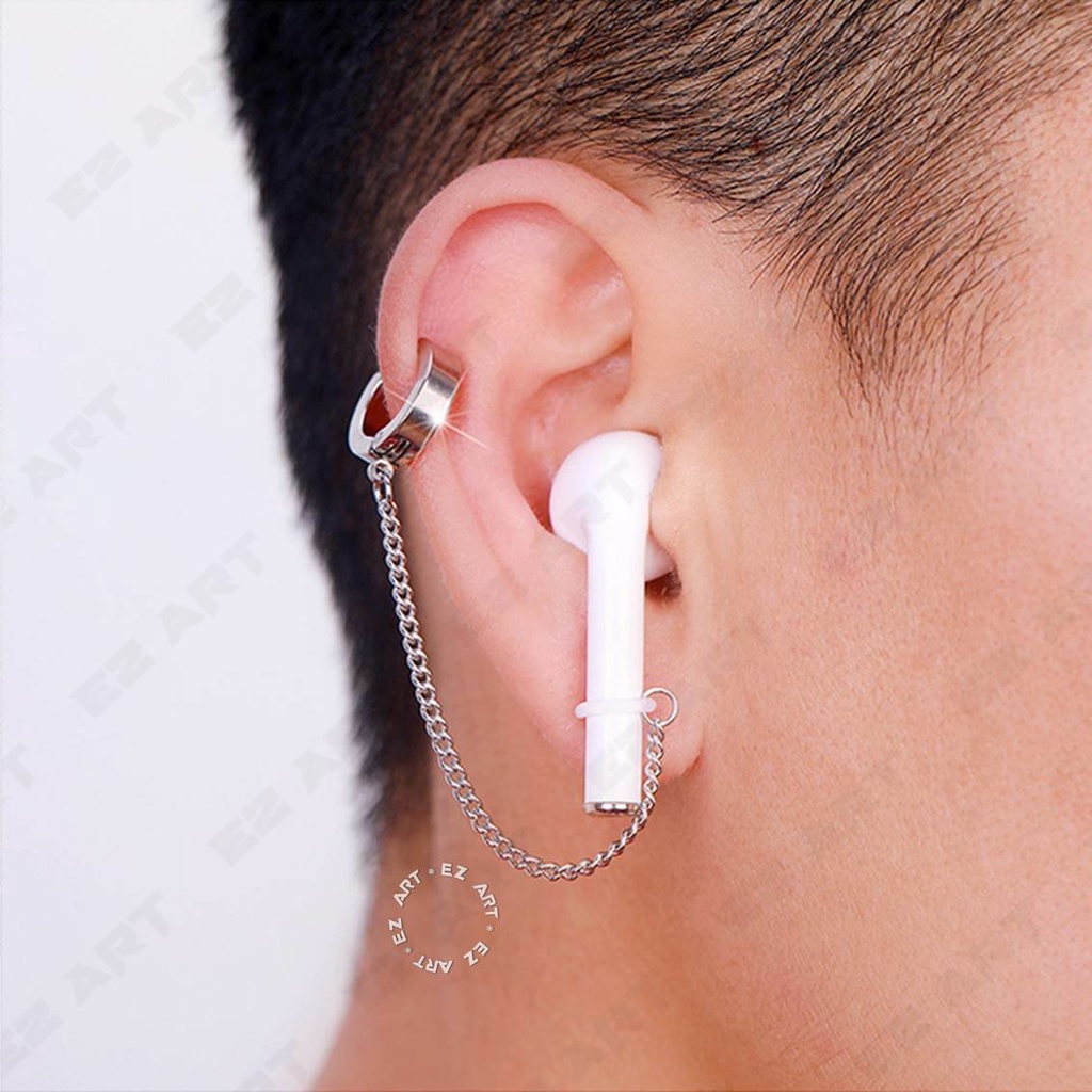 EZPOD ANTING ANTI-HILANG EARPHONE AIRPOD GAYA KOREA KPOP BTS JEPIT TANPA TINDIK PRIA WANITA HITAM SILVER