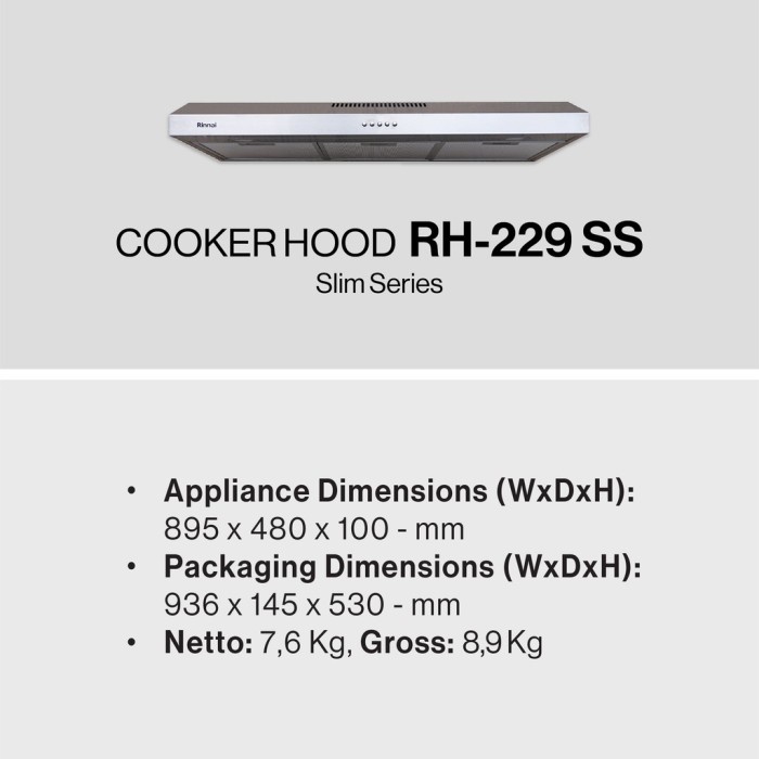 Rinnai RH 229SS Cooker Hood 90cm 229 SS Penghisap Asap Dapur Stainless