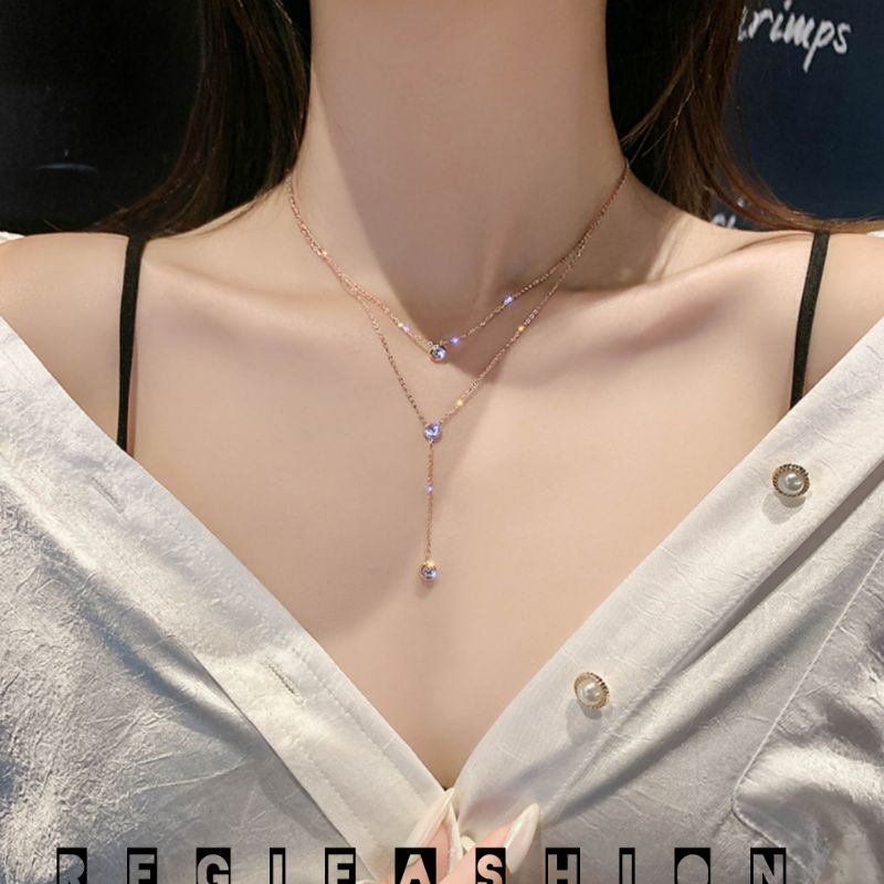 Kalung Titanium Wanita Korea 2 Layer Liontin Permata Cristal Kalung Wanita Korea Kekinian Anti Karat Tidak Luntur