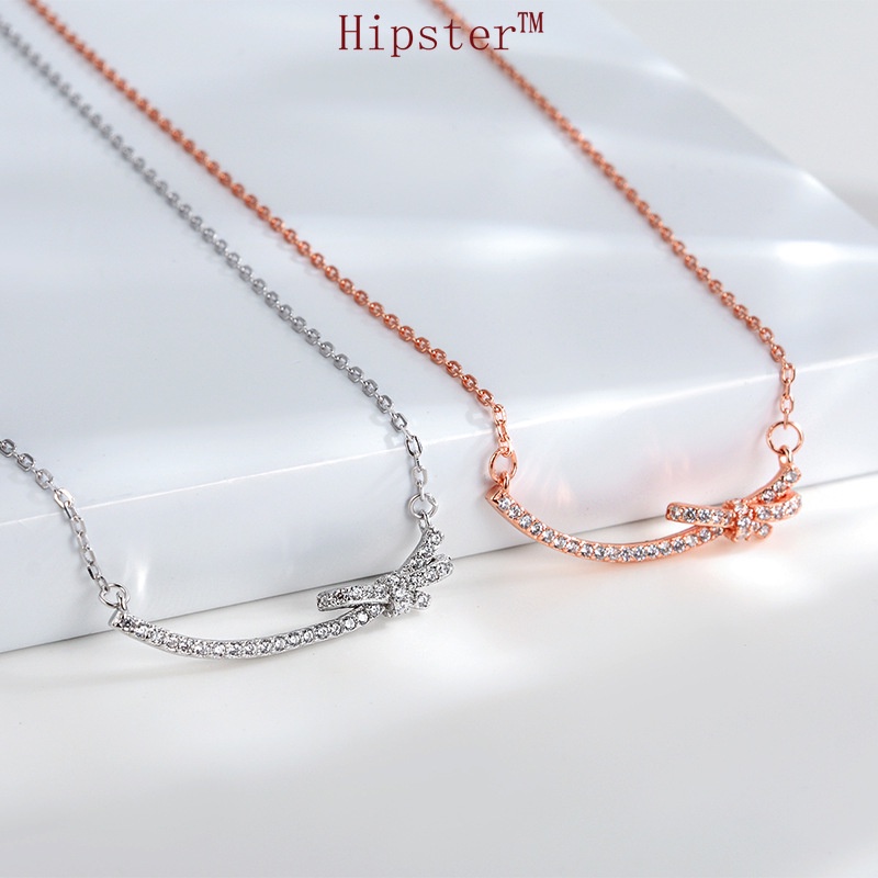 INS Style Minimalist Creative Design Full Diamond Smile Thin Bow Pendant Necklace