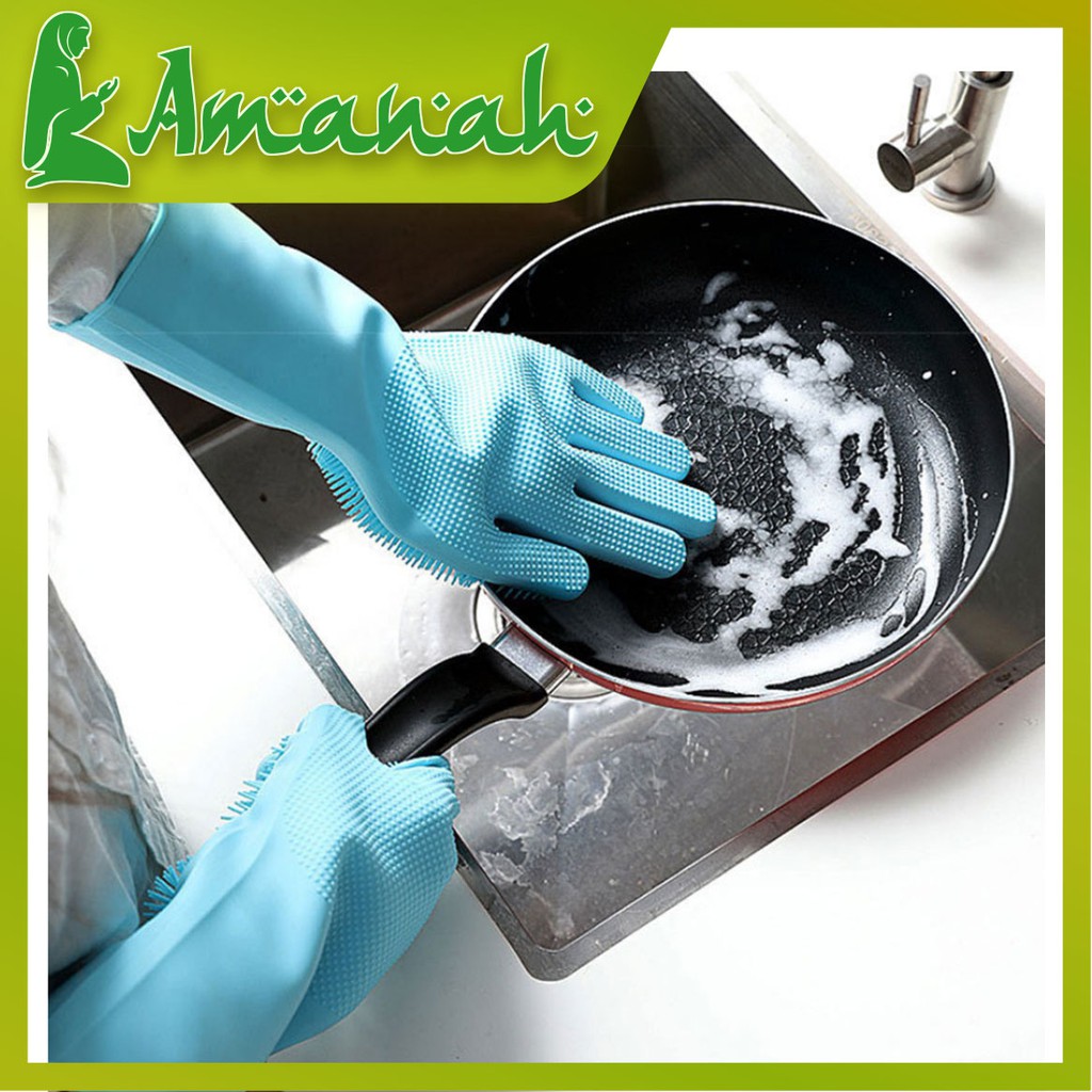 AS812 Sarung Tangan Karet Tebal Cuci Piring Silikon Dengan Brush Tebal / Silicone Gloves