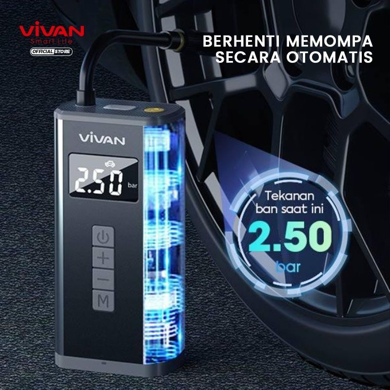 Vivan VT101 Pompa ban Mobil Portable Inflator Tire 5200 mAh Elektrik - Hitam