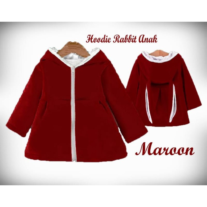 Jaket Anak Perempuan Lucu Hoodie Kuping Kelinci Warna Maroon Zipper