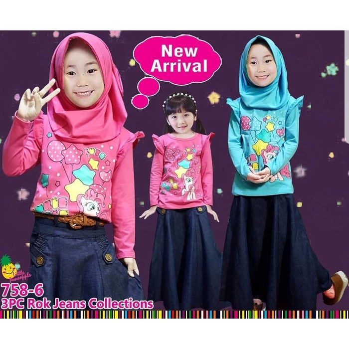 Baju Muslim Anak Perempuan Little Pineapple Pony Balon Rok Denim Belt