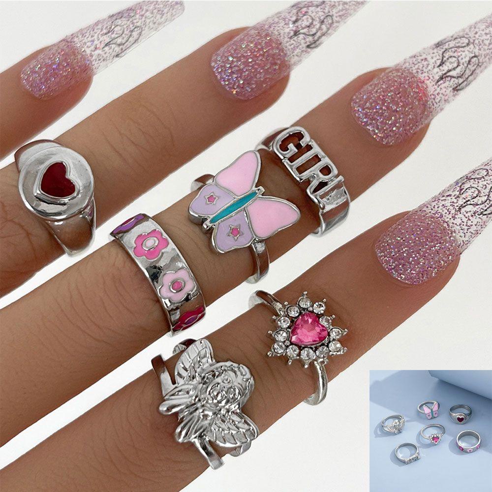 PREVA 6 Pcs/Set Rings Women Angel Fashion Pink