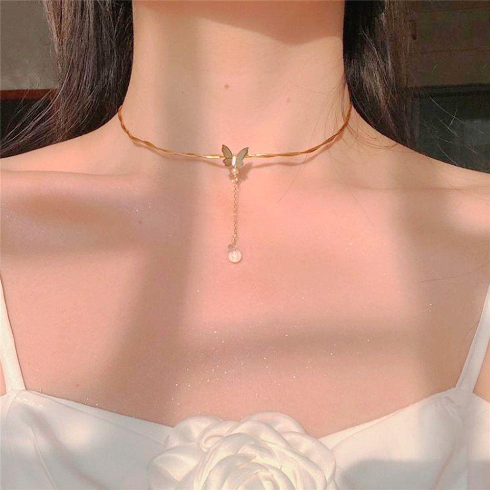 Kalung Choker Rantai Klavikula Desain Kupu-Kupu Gaya Bohemian Chic