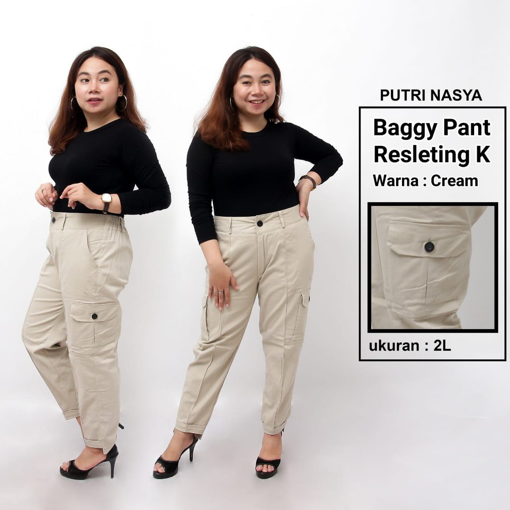 Celana Baggy Pant K Super Jumbo XXL, 4L, 5L, 6L, 8L Chino Stret Resleting Cream Moca Capucino Hitam / Celana Kerja Wanita Jumbo / Celana Kantor Big Size Wanita / Celana Karet Katun Kekinian / Celana Bahan Formal Seragam Wanita Super Big