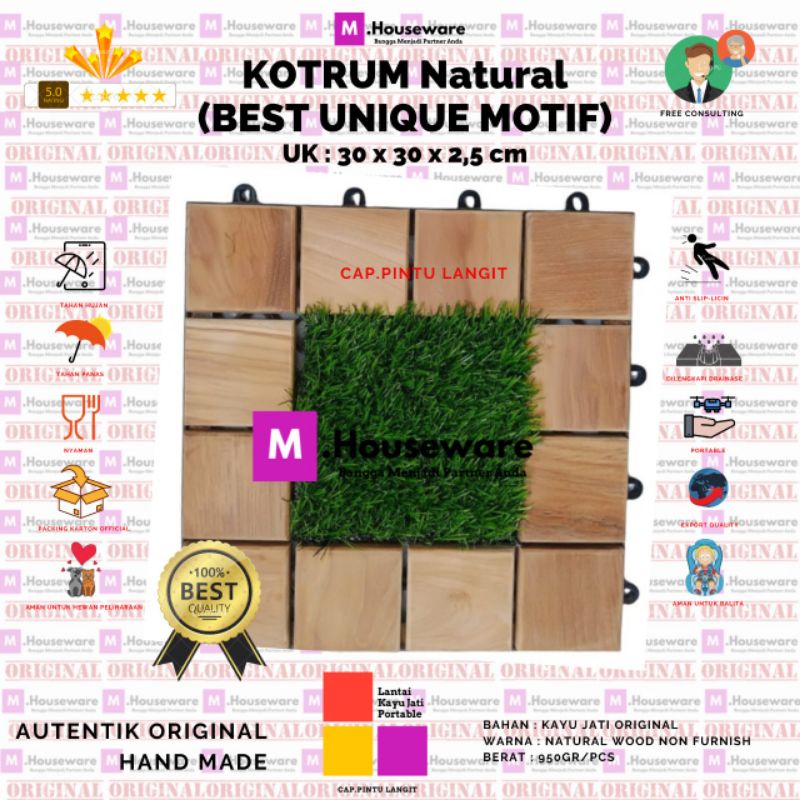 Lantai Kayu Jati MOTIF KOTRUM / Decking Tile Motif kotak mix rumput sintetis uk 30x30cm