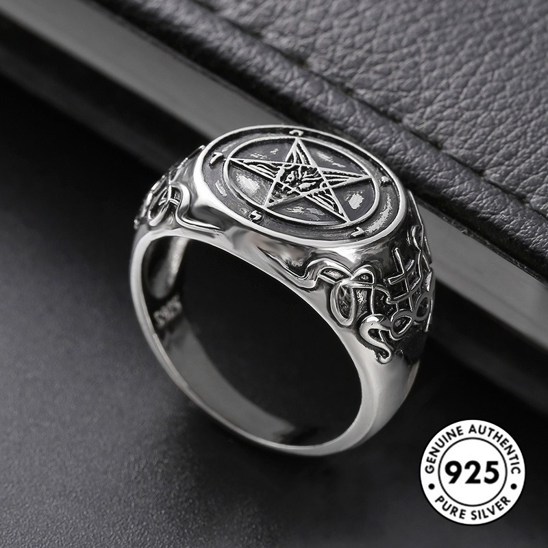 Cincin Sterling Silver 925 Model Kepala Kambing Pentagram Devil Untuk Wanita