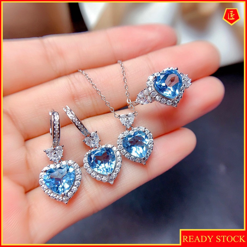 [Ready Stock]Natural Topaz Necklace Set Rings Garnet Stud Earrings