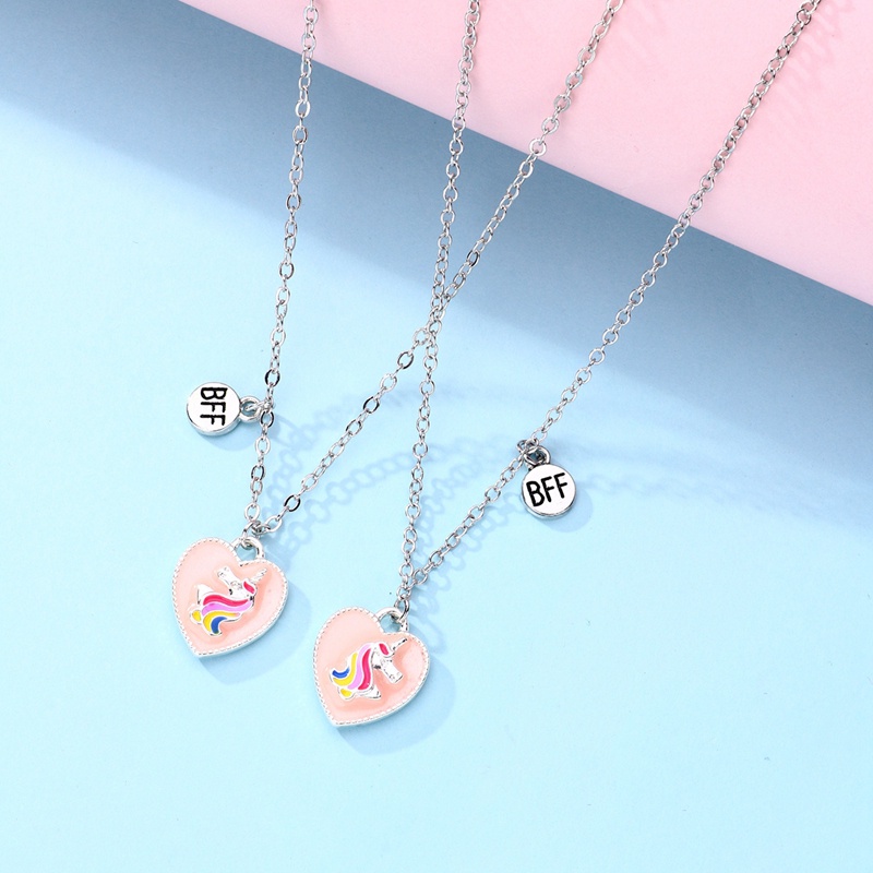 2pcs / Set Kalung Rantai Dengan Liontin Unicorn Hati Warna-Warni Untuk Hadiah Persahabatan