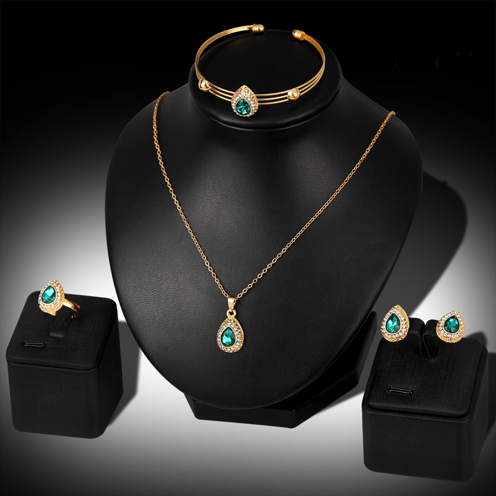 OW@ Women Retro Water Drop Gold Plated Jewelry Set Necklace Bracelet Earrings Ring