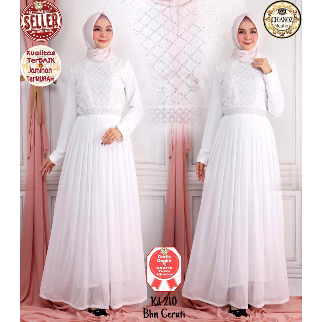 CHIANOZ Gamis Putih Brukat Mewah Premium Ceruti Sifon Brukat Brokat Kaki Payung Fashion Muslim Wanit