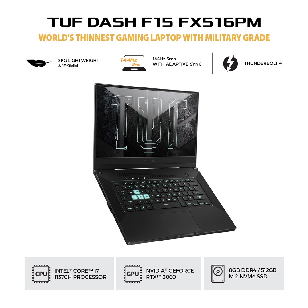 ASUS TUF DASH F15 FX516PM-I736B7T-O i7 11370H 16GB 512 SSD OHS RTX3060 RESMI ASUS